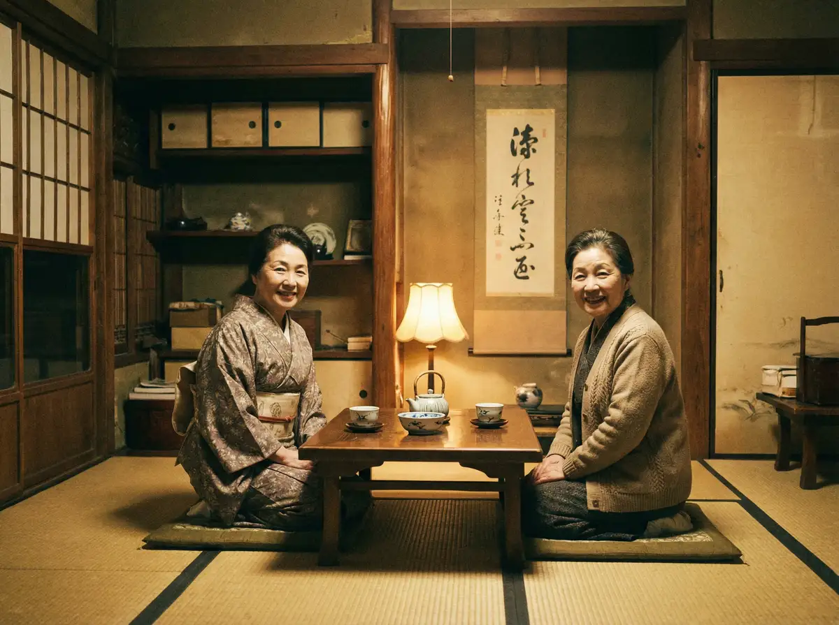 两位优雅的 每日吃瓜导航 | 每日吃瓜官方入口~热点每日吃瓜分享平台 在日式茶室中品茶交谈